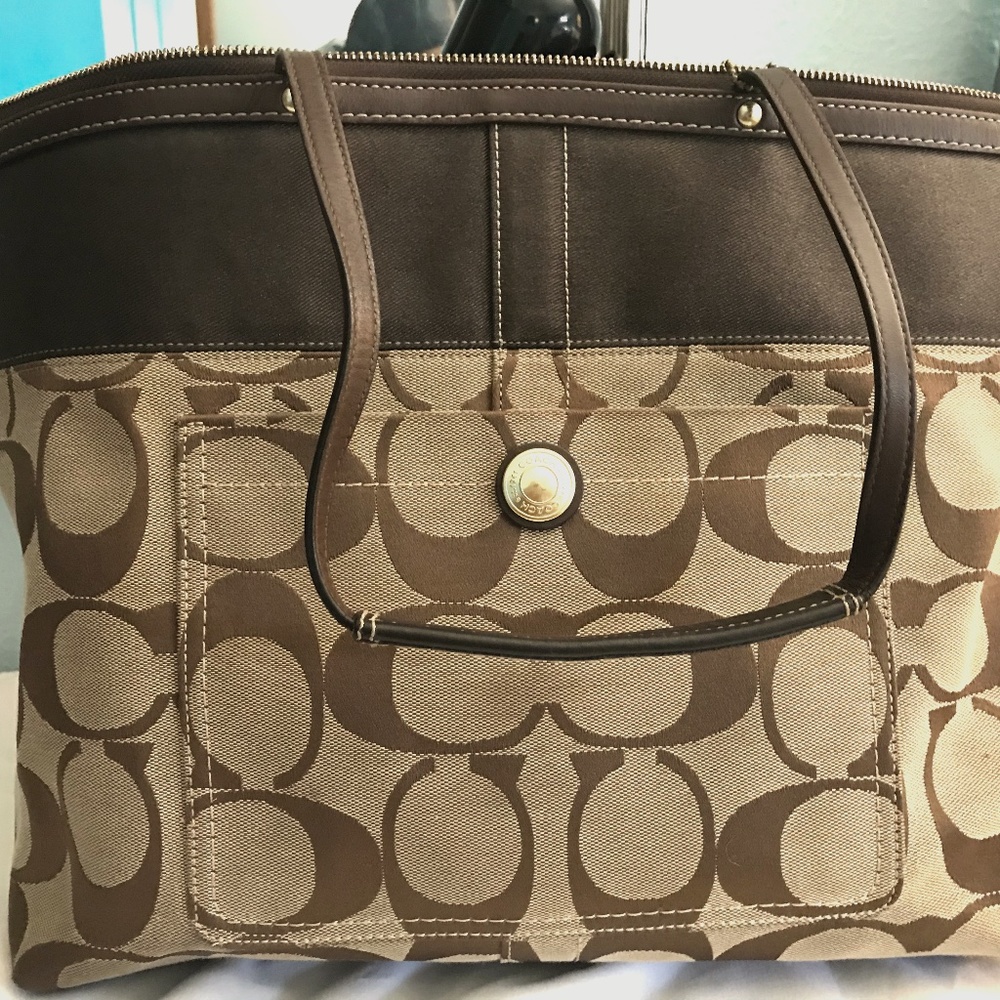 Coach Signature Canvas and Leather Tote in Brown and Tan